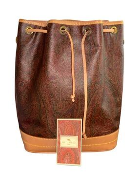 Etro Paisley Drawstring Bucket Bag in Brown and Tan